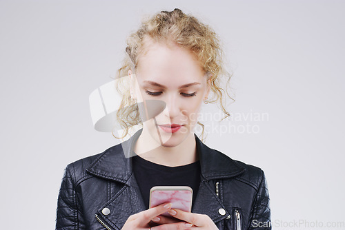 Image of Contact, mockup and woman with a smartphone, typing and communication against a white studio background. Female person, model and girl with a cellphone, connection and search internet for information