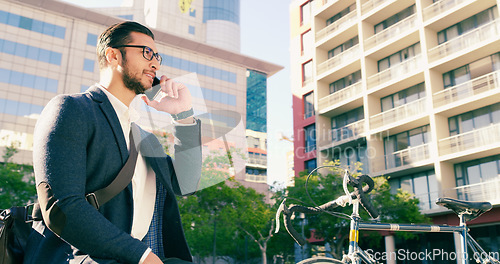 Image of Business man, phone call and bicycle in city to travel with eco friendly transport. Cellphone, bike and male professional thinking on urban street while talking, speaking and discussion on smartphone