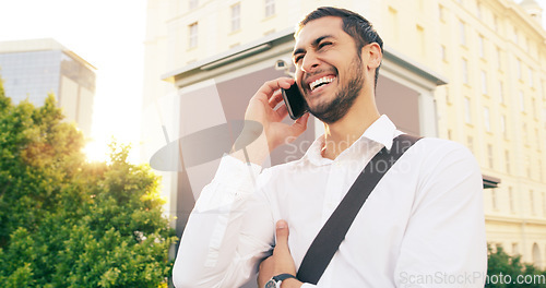 Image of Phone call, business man and laughing in city, talking and speaking to contact. Cellphone, funny and happy male professional in urban street for discussion, communication and comedy or joke outdoor