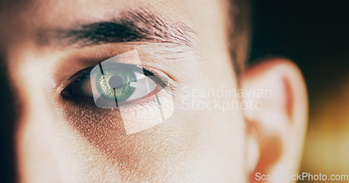 Image of Portrait, eye and man with clear vision, future or eyelash .with focus against studio background. Face, male person or model with sight, see or awareness with zoom, retina or futuristic with closeup