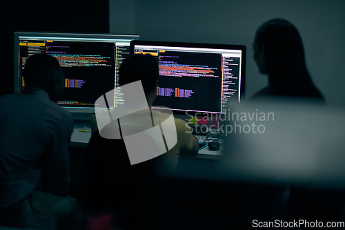 Image of Programming, code and computer with business people in office at night for cyber security, cloud computing and data. Software development, teamwork and digital with developers for coding and network