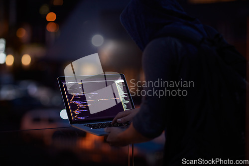 Image of Hacker, ransomware and programming with person and laptop for code, cyber security and phishing. Coding, technology and crime with programmer typing for fraud, network system and data scam at night