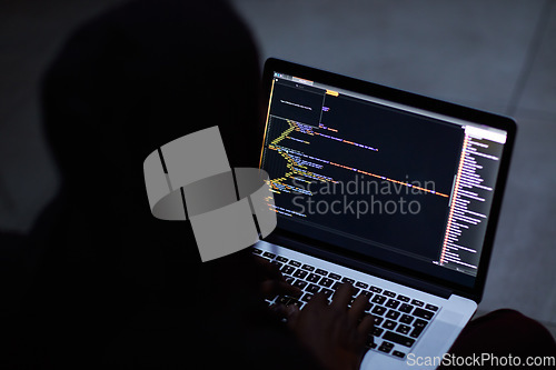 Image of Hacker, code and cyber security with person and laptop screen for ransomware, programming and phishing. Coding, technology and crime with programmer typing for fraud, network system and data at night