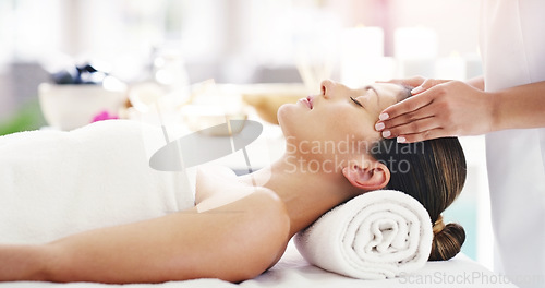 Image of Woman, hands and sleeping in relax at spa for facial treatment, healthy wellness or physical therapy at resort. Calm female person relaxing in peaceful sleep for body care or face massage at a salon