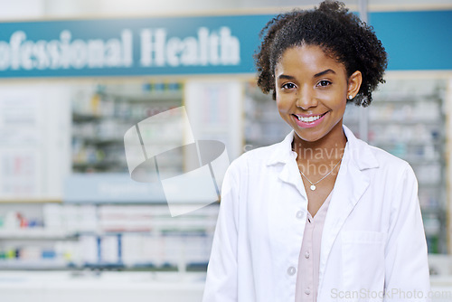 Image of Happy, smile and portrait of black woman in pharmacy for medical, pills and retail. Medicine, healthcare and trust with face of pharmacist in drug store for product, wellness and expert advice