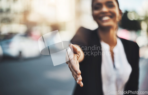 Image of Happy woman, handshake and meeting in city for partnership, introduction or greeting outdoors. Hand of female shaking hands for b2b, collaboration or agreement in deal or hiring in urban town street