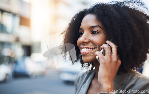 Image of Happy business woman, phone call and city for conversation, communication or networking outdoors. Female employee talking on mobile smartphone with smile for fun discussion in street of an urban town