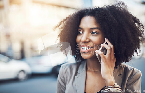 Image of Business woman, phone call and city for conversation, communication or networking outdoors. Female employee talking on mobile smartphone with smile for discussion in the street of an urban town