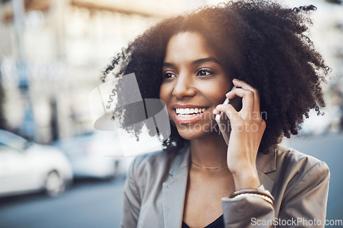 Image of Happy woman, phone call and communication in city for conversation or networking outdoors. African female person talking on mobile smartphone with smile for fun discussion in street of an urban town