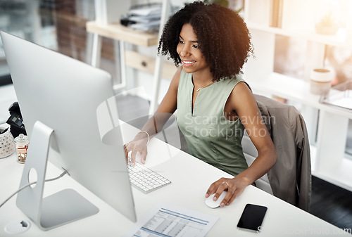 Image of Finance, document and happy woman on computer for budget, planning and research in office. Management, paper and smiling African female financial advisor online for accounting, tax or report review