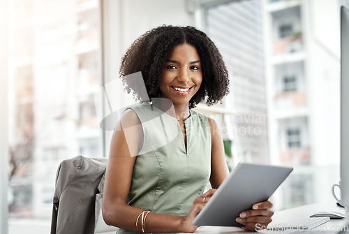 Image of Tablet, portrait and business woman in office of online management, research and happy with technology solution. Paperless, typing and face of young African person on digital application for analysis