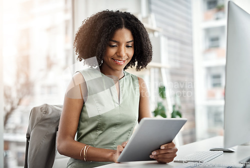 Image of Tablet, scroll and business woman in office for website analysis, online management and technology solution. Planning, typing or review of african person on digital application and computer research