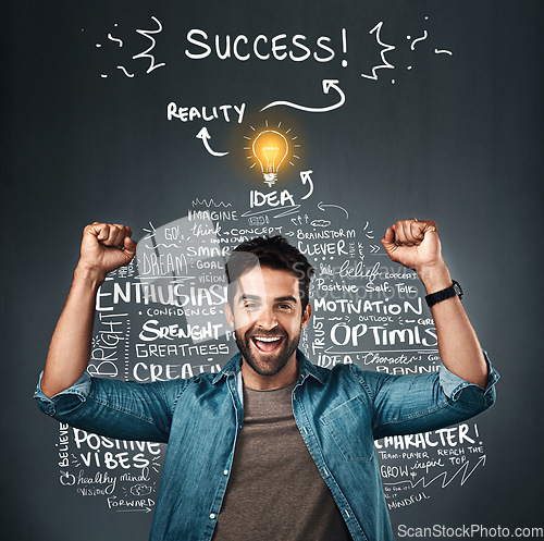 Image of Light bulb, success or happy man in celebration of ideas text or goals of innovation on studio background. Motivation, graphic or excited person with positive mindset, problem solving or solution