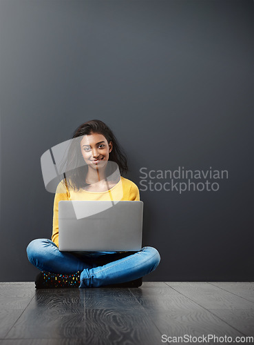Image of Woman in portrait, laptop and tech, student typing with education, mockup space and connectivity. Elearning, smile and female person studying online, research for project and internet connection