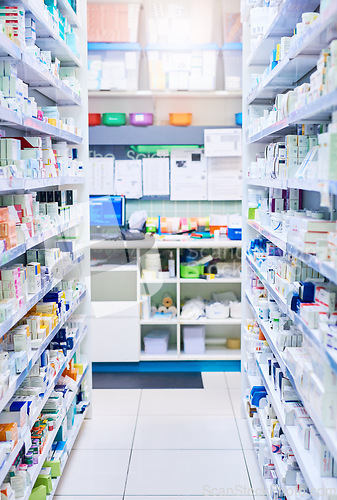 Image of Pharmacy, shelf and boxes for wellness, empty or pharmaceutical stock for product, health and interior. Shop, store and retail healthcare with storage, choice or sale for pharma, discount and drugs