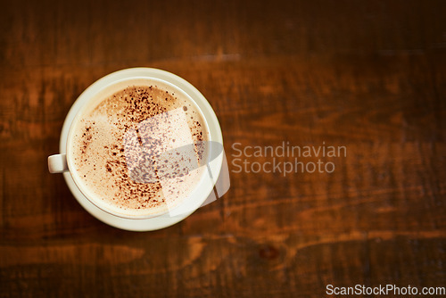 Image of Coffee, cup or cafe store table, restaurant or diner for beverage service, mock up drink sales or hospitality industry. Tea mug, commerce market shop or small business mockup with hot chocolate latte