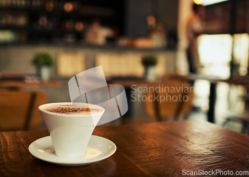Image of Coffee table, mug or empty store, restaurant or diner cafe for beverage service, drink sales or hospitality industry. Tea cup, commerce market shop or startup small business with hot chocolate latte