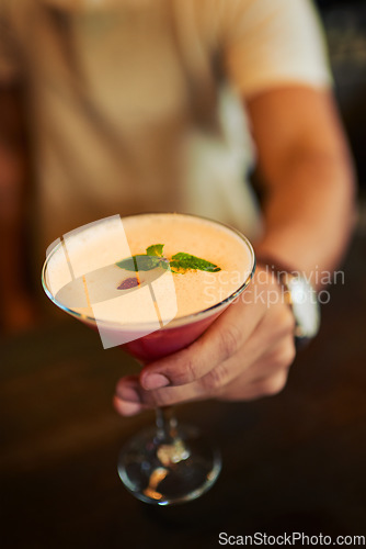 Image of Cocktail drink, hands and man with alcohol at pub, night club or drinks bar for restaurant store service from barman. Retail diner, bartender and nightclub customer, client or person drinking liquor