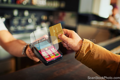 Image of Debit card, point of sale and hands of restaurant people, cashier clerk or barista with credit payment of hospitality service. Cafe customer, commerce or store person, server or waiter with POS trade