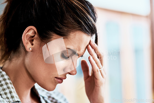 Image of Woman, pain and hand on head for headache, stress and suffering brain fog or temple massage for anxiety, fatigue or depression. Person, migraine or mental health problem and frustrated with burnout