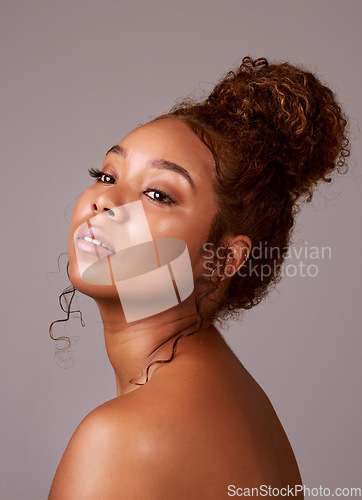 Image of Natural, skincare and glow with woman in studio for hair style, cosmetics and makeup. Facial, beauty and spa with female model isolated on background for dermatology mockup, self care or shine