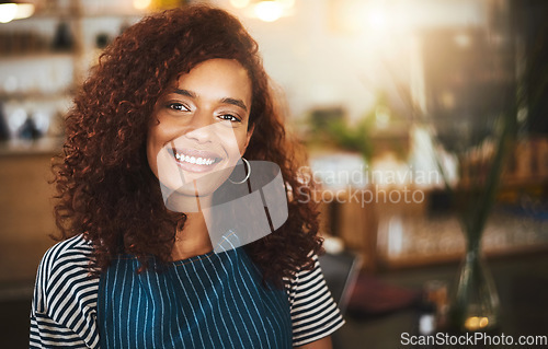 Image of Restaurant, waitress and portrait of woman in cafe for service, working and smile for bistro startup. Small business owner, coffee shop and face of happy female worker in cafeteria ready to serve