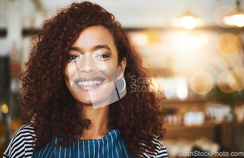 Image of Coffee shop, waitress and portrait of woman in cafe for service, working and smile for bistro startup. Small business owner, restaurant and face of happy female worker in cafeteria ready to serve