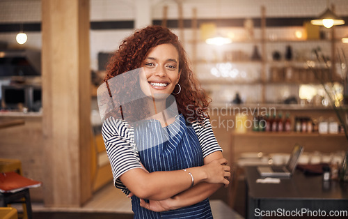 Image of Coffee shop, barista and portrait of woman in cafe for service, working and crossed arms. Small business owner, restaurant startup and happy female waitress with pride in cafeteria ready to serve