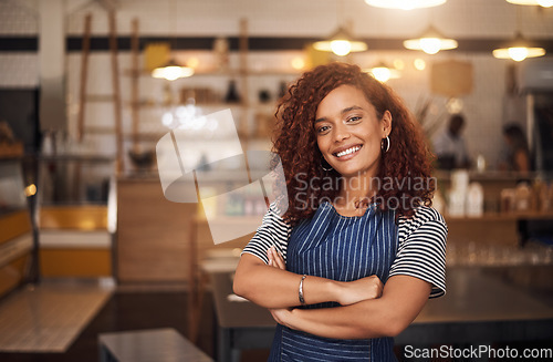 Image of Coffee shop, happy barista and portrait of woman in cafe for service, working and crossed arms. Small business owner, restaurant and professional female waitress smile in cafeteria ready to serve