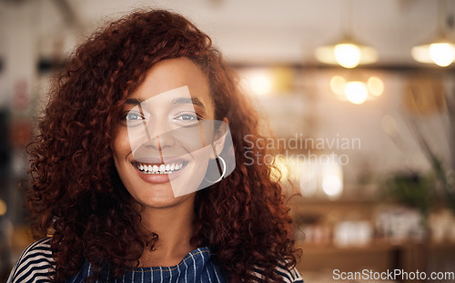 Image of Happy, coffee shop and portrait of African woman in cafe for service, working and bistro startup. Small business owner, restaurant manager and face of female waiter smile in cafeteria ready to serve