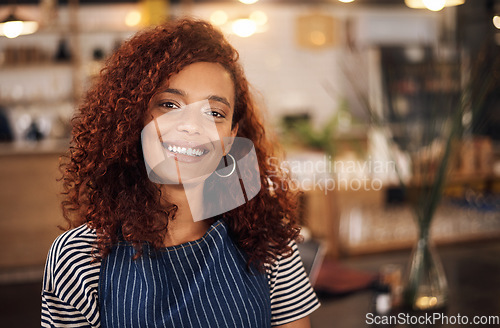 Image of Coffee shop, barista and portrait of happy woman in cafe for service, working and smile for bistro startup. Small business owner, restaurant and face of female waitress in cafeteria ready to serve