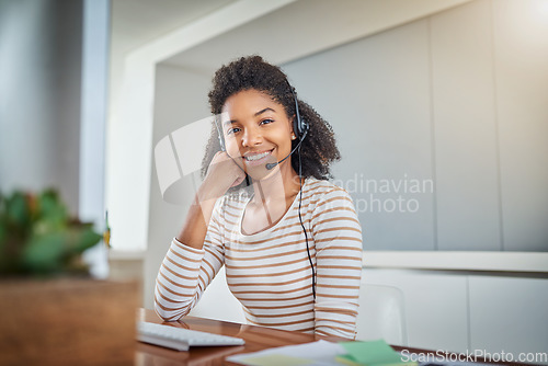 Image of Call center, virtual assistant or portrait of friendly black woman in communication, speaking or talking. Customer services, smile or happy sales agent girl with microphone at technical support
