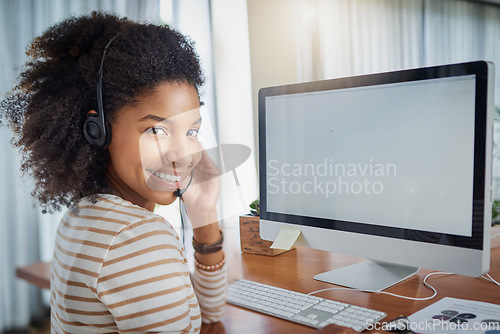 Image of Remote work, computer mockup or black woman in a call center, customer services or online technical support. Mock up space, screen or portrait of friendly girl agent talking or consulting at home