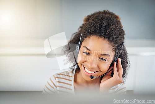 Image of Face, headset or happy black woman in call center with smile talking or networking in telemarketing. Smiling, microphone or friendly sales agent in communication at customer services or tech support