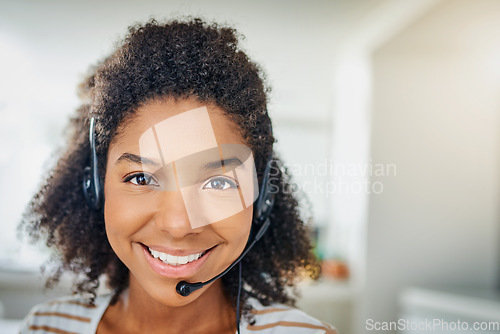 Image of Face, portrait or happy black woman in call center with smile talking or networking in telemarketing. Smiling, microphone or friendly sales agent in communication at customer services or tech support