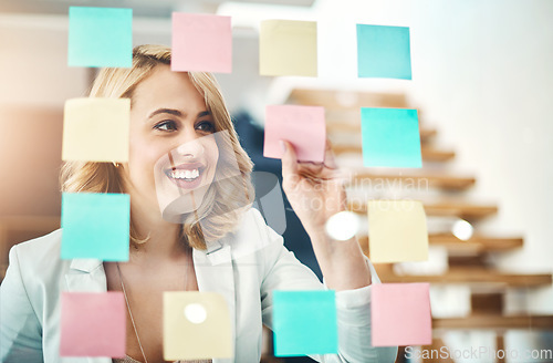 Image of Woman, smile and brainstorming with sticky note for timeline, goals and process of solution at glass window. Face of happy worker planning schedule, ideas and mindmap of vision, objectives and target