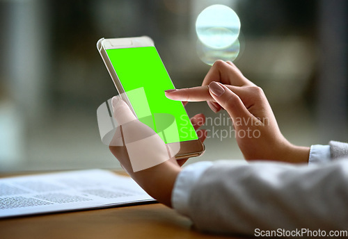 Image of Green screen, phone and woman hands for business communication, mobile app and mockup search at night. Online space, typing and professional person, social media, networking or internet chat mock up