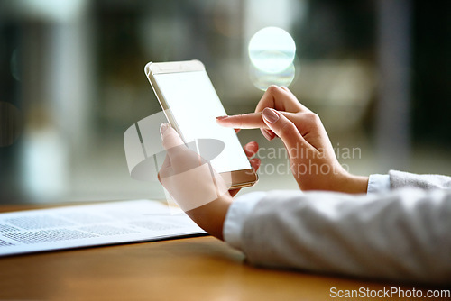 Image of Closeup, hands and woman a cellphone, typing and social media with communication, network and search internet. Female person, girl and consultant with a smartphone, connection and contact with app