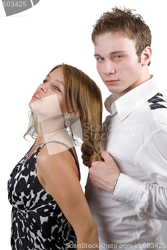 Image of Young couple conflict. Isolated on white background