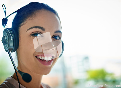 Image of Happy woman, call center and face portrait with headphones in customer service or telemarketing at office. Closeup of friendly female person or consultant agent smiling with headset mic in contact us