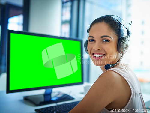 Image of Happy woman, call center and green screen on computer for telemarketing or customer service at office. Portrait of female person, consultant or agent smiling on PC with chromakey or mockup display