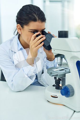 Image of Research, woman and scientist with microscope in laboratory for medical study. Healthcare, science and female doctor with scope equipment for experiment analysis, particle test and investigation.