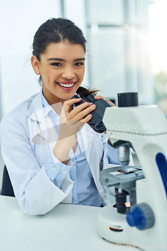 Image of Portrait, woman and scientist smile with microscope in laboratory for medical research. Face, science and female doctor with dna equipment for experiment analysis, particle test and investigation.