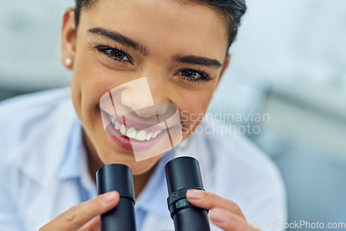 Image of Woman, face and scientist smile with microscope in lab for medical research. Science, portrait and happy female doctor with equipment lens for experiment analysis, particle test and investigation.