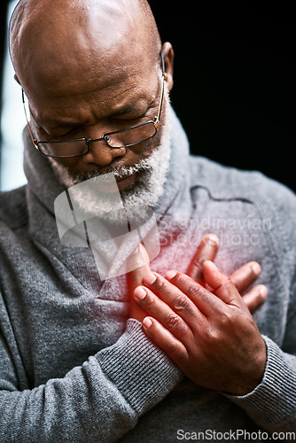 Image of Chest pain, heart attack and elderly black man with medical emergency in home. Sick, cardiology and African male person with cardiac arrest, heartburn or stroke, problem and retirement health risk.