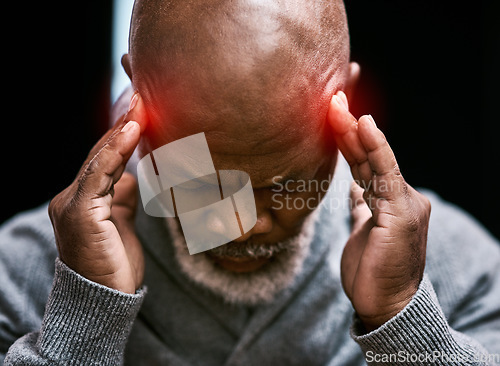 Image of Senior black man, hands and headache with red overlay, pain and stress with burnout, closeup and anxiety. Mature male person is sick with migraine, depression and health problem with crisis and hurt