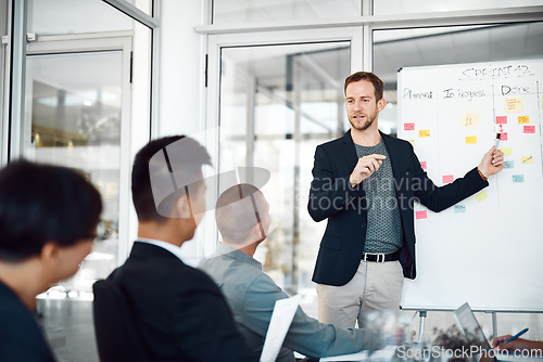 Image of Idea, coworkers with chart and planning in a business meeting of their modern workplace office together. Brainstorming or collaboration, teamwork or data review and colleagues in a workshop.