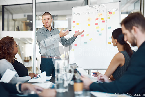 Image of Data review, colleagues with chart and planning in a business meeting of their modern workplace office together. Teamwork or collaboration, brainstorming or ideas and coworkers in a workshop