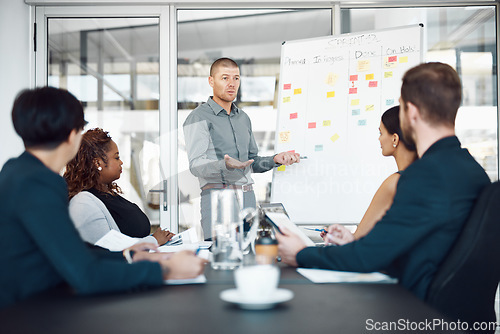 Image of Presentation, colleagues with chart and planning in a business meeting of their modern workplace office together. Teamwork or collaboration, ideas or data review and coworkers in a conference room