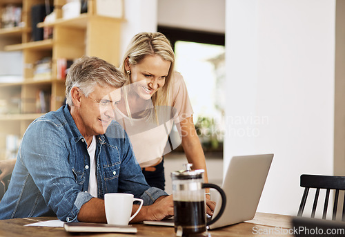 Image of Happy couple, laptop and life insurance research at home with happiness and computer. Email, online banking and reading of a woman and man together in a house planning finance budget for retirement